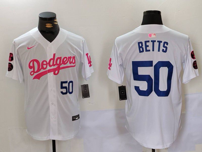 Men Los Angeles Dodgers #50 Betts White pink joint name 2024 Nike MLB Jersey style 3